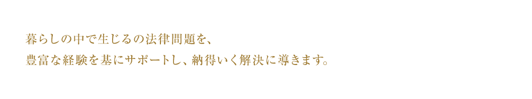 暮らしの中で生じるの法律問題を、豊富な経験を基にサポートし、納得いく解決に導きます。
